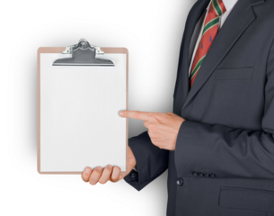 Businessman holding clipboard isolated on white background