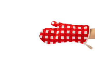Fototapeta premium Red kitchen gloves for hot food isolated on white background. Kitchenware. Accessories for the kitchen.
