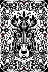 digital illustration, abstract DOGS pattern, black and white folklore motif, isolated on white background, vector texture, bear design in the middle, modern fashion print 
