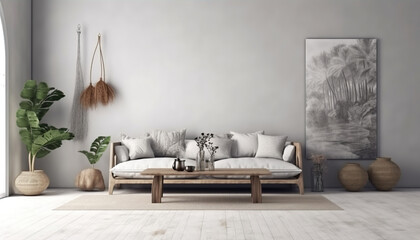 Fototapeta na wymiar Modern living room with sofa and furniture, generative ai 