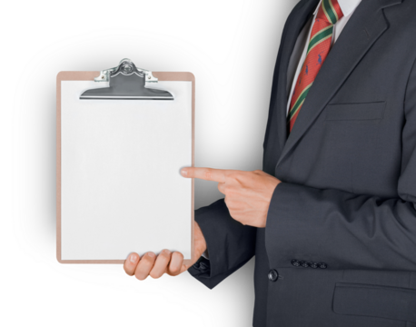 Businessman holding clipboard isolated on white background