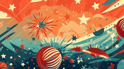 Naklejka na ściany i meble An illustrated background with fireworks over a landscape in festive and patriotic colors. Generative AI