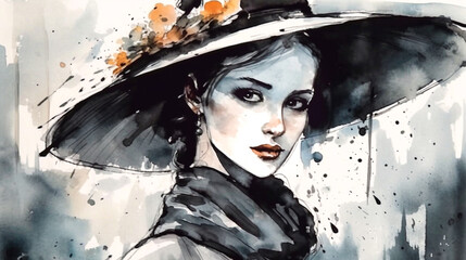 Watercolor painting of a beautiful young woman face portrait with makeup fashion abstract art illustration with a white background.