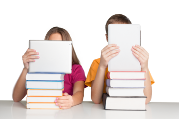 Two Children with Books and Tablet