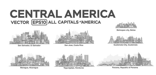 All capitals of Central America. Cities in a linear style with famous views and landmarks. Editable stroke. Skyline city line illustrations.