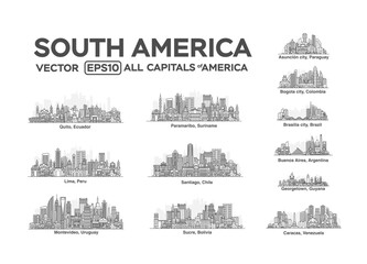 All capitals of South America. Cities in a linear style with famous views and landmarks. Editable stroke. Skyline city line illustrations.