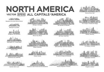 All capitals of North America. Cities in a linear style with famous views and landmarks. Editable stroke. Skyline city line illustrations. - obrazy, fototapety, plakaty