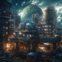  beatifull futuristic city planet at horizon night vibe