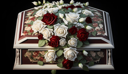 Coffin decorated with beautiful roses. Generated with ai.
