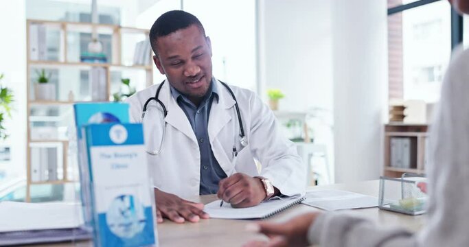 Insurance, patient and doctor writing notes of patient talking, discussion and in a hospital office for medicine. Medical, surgery and black man healthcare professional conversation for feedback