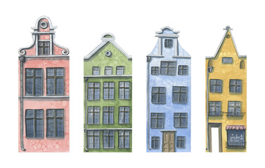 Fototapeta na wymiar A set of old, European houses. Watercolor illustration. Cute, colorful houses. For decorating, designing and composing various compositions of postcards, souvenirs, posters, stickers