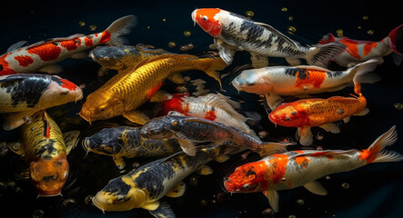 School of colorful koi swim in pond generated by AI