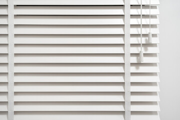 Window blinds with vertical wooden slats in room