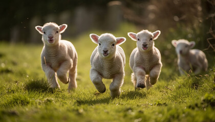 Obraz premium New life on the farm, playful lamb running generated by AI