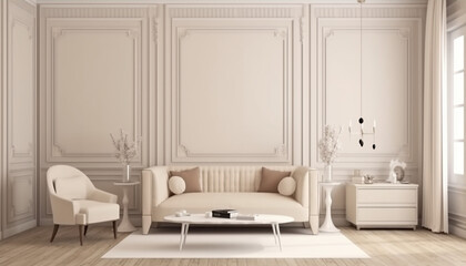 Fototapeta na wymiar Contemporary classic white beige interior with furniture and decor. 3d render illustration mockup. , generative ai 