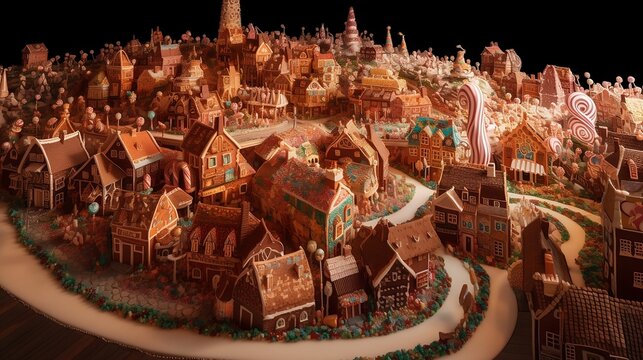 A giant beautiful city made entirely out of candy and ai generated images of sweets, with gingerbread houses, lollipop trees, and a chocolate river running through the middle, photorealistic