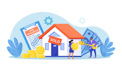 People invest money in property. House loan and rent. Woman buying home with mortgage and paying credit to bank. Money investment to real estate. Agreement of rental and key for new home
