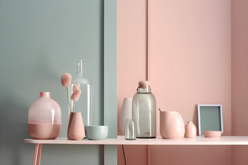 Minimal design composition of a pink and blue wall shelf with glass and ceramic vases and photo frame, generative, AI, Generative AI.
