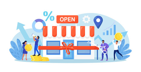 Business owner, entrepreneur open retail shop, cutting ribbon with scissors. Backing startup project. Banking loan to start new business. Investment in small business. New local store, happy customers