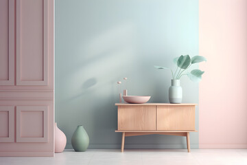 Minimal interior design composition of a room with a wooden cabinet, and green plant in vase, pastel color, generative, AI, Generative AI.