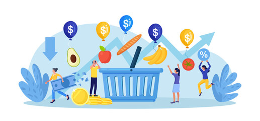 Inflation, financial crisis. People trying to catch groceries flying away from shopping bag with inflation bubbles. Rising food cost and products prices. Recession causing grocery price rising up