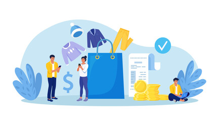 People shopping online using laptop, phone, pay with mobile app. Customer choosing modern apparel, wearing, accessories for wardrobe. Internet garment shop, e-commerce, sale. Shopping bag with garment