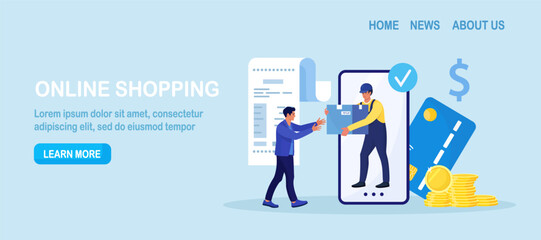 Online shopping or fast safe delivery service. Courier man holding shopping box coming out from phone screen. Customer receiving parcel. Online order and payment by mobile app. Internet e-commerce