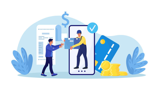 Online shopping or fast safe delivery service. Courier man holding shopping box coming out from phone screen. Customer receiving parcel. Online order and payment by mobile app. Internet e-commerce - Powered by Adobe