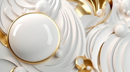 A abstract of a white and gold swirly design with a white sphere Generative AI