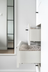 wooden closet with linen in dressing room at apartment