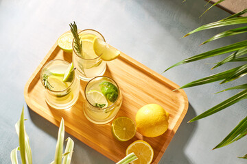 Summer refreshing drinks with lemon. Alcoholic cold cocktails with fresh lemon slices. lemon water. Detox cocktail.