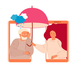 Online psychology help for senior people. Doctor of psychiatry taking umbrella and protect from rain. Depression, sadness, mental health.