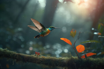 A hummingbird perched on a branch, its delicate beak visible as it takes a break from collecting nectar in a lush forest. AI Generative.