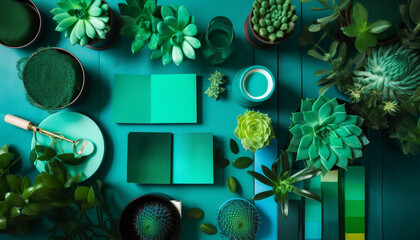 Green and blue leaves adorn modern wallpaper design generated by AI