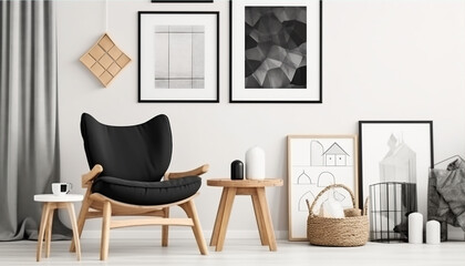 Stylish scandinavian composition of living room with design armchair, black mock up poster frame, commode, wooden stool, book, decoration, loft wall and personal , generative ai 