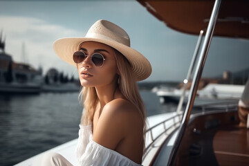 Beautiful Girl resting on the Luxury Yacht.Looking for the sea during sailing trip. Relaxed woman in sun hat enjoying ocean. Concept Luxury Lifestyle. Generative AI.