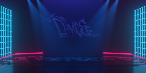 hip hop breakdance stage room with wall for graffity, floor of dance club, 3d illustration rendering