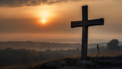 Cross silhouette pierces the fiery sunset sky generated by AI