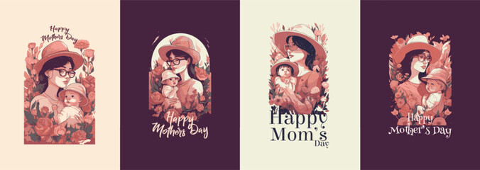 Obraz na płótnie Canvas Happy mothers day design, Mother holding a baby, surrounded by beautiful pink flowers. Premium water color style vector design.