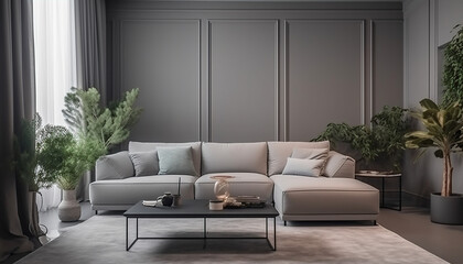 Modern interior design, in a spacious room, next to a table with flowers against a gray wall. Bright, spacious room with a comfortable sofa, plants and elegant accessories., generative ai 