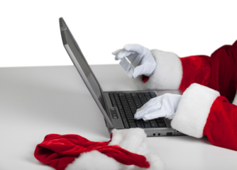 Closeup of Santa Claus Typing on a Laptop and Holding a Credit Card