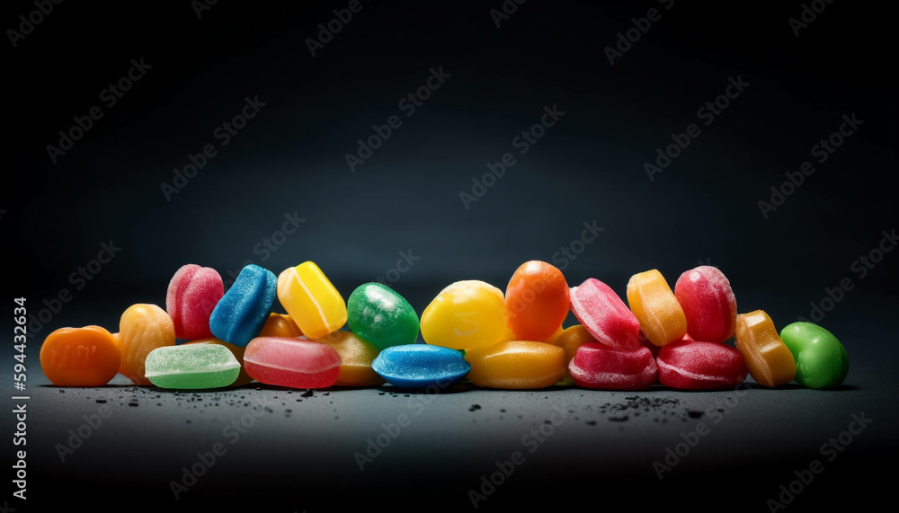 Poster Colorful candy stack on dark background generated by AI