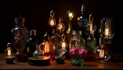 Fototapeta na wymiar Bright ideas illuminate old fashioned lantern on wood table generated by AI