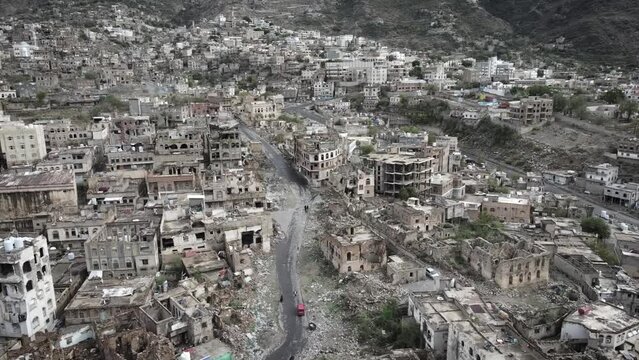 Houses destroyed by the war in the city of Taiz, Yemen