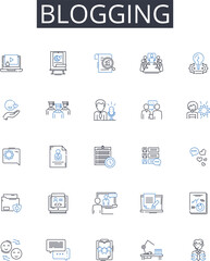 Blogging line icons collection. Vlogging, Socializing, Podcasting, Article writing, Content creating, Journaling, Online writing vector and linear illustration. Digital storytelling,Writing blog