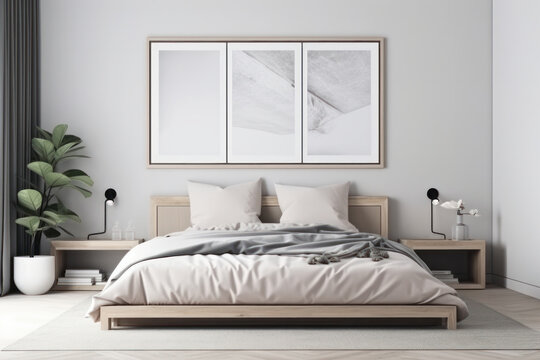 Modern bedroom decor with a white mockup frame on the wall and a comfortable bed, creating a perfect sleeping environment. AI Generative.