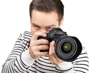 Portrait of young handsome man with camera isolated on white background