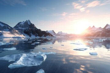Fototapeta na wymiar Beautiful winter landscape with icebergs floating in the ocean, Generative AI