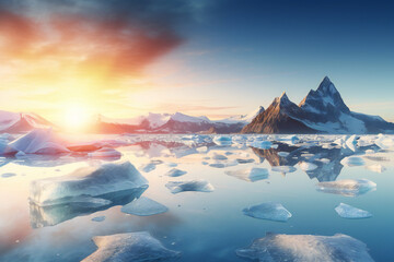 Fototapeta na wymiar Beautiful winter landscape with icebergs and sunset, Generative AI
