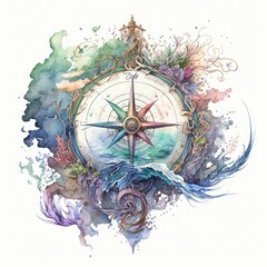 Fototapeta na wymiar Magical watercolor compass rose. Generative AI